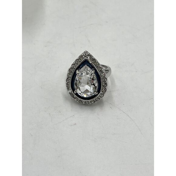 Kenneth Jay Lane Pear Shaped Cubic Zirconia Blue Enamel Cocktail Ring Sz 6 - Picture 9 of 12